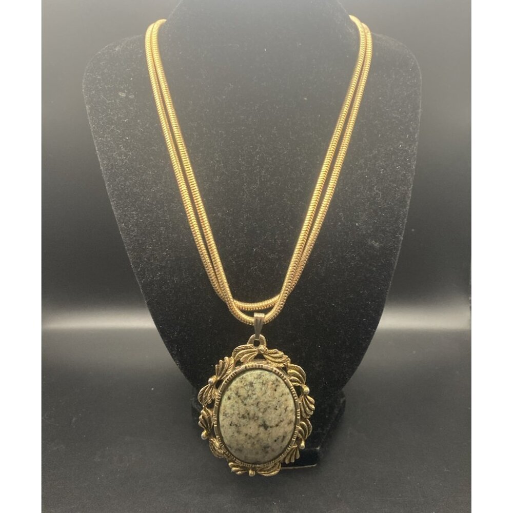 Vintage Sarah Coventry Mirror Pendant Jasper Stone Cabochon 36" Snake Chain